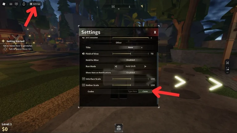 How to redeem the forge codes roblox: settings panel with the Codes field highlighted and Claim button indicated