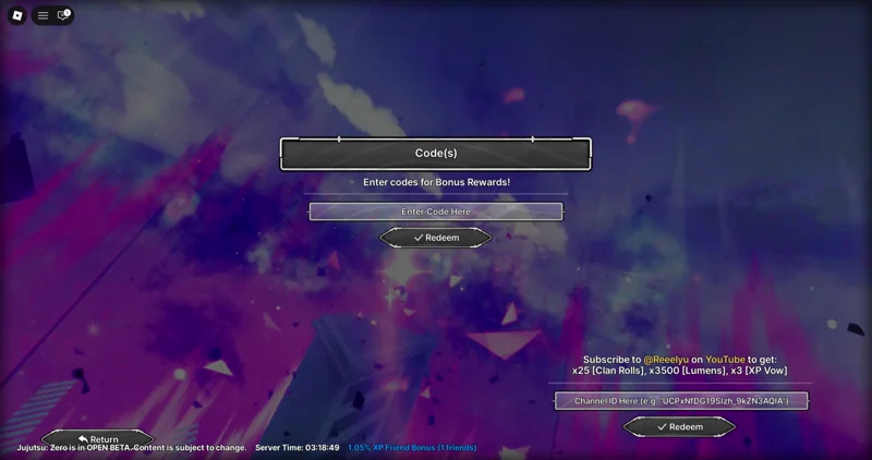 Jujutsu Zero code redemption screen showing the main menu with the Codes option and redeem input field